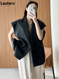 Womens Leather Faux Leather Lautaro Spring Autumn Loose Black Light Soft Faux Leather Vest Women Lapel Elegant Luxury Designer ärmlös jacka Fashion 230216