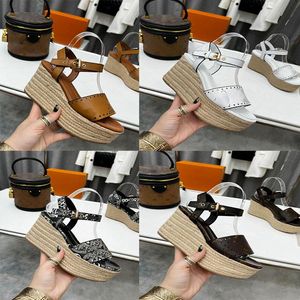 Designersandaler Styrbords Kilsandaler Dam Högklackade Espadrilles Naturlig Halmsandal Perforerad Sandal Kalvläder Dam Slides Utomhusskor med låda