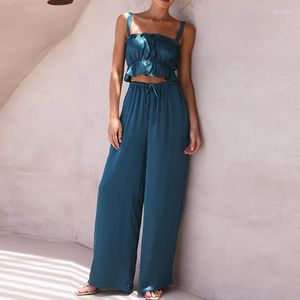 Women's Two Piece Pants Summer Solid Color Streetwear 2pc Set Fashion Sleeveless Pleated Vest Wide Leg Sets Women Casual Holiday Beach