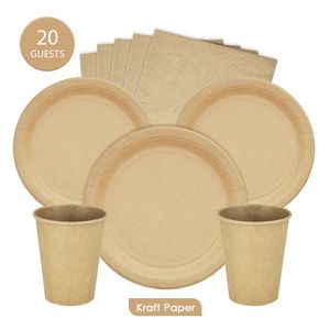 Engångsformulär 20Guests Kraft Paper Table Set Set Plates Cups Napkins Birthday Party Wedding Decration levererar miljövänlig 230216