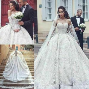 Bröllopsklänning 2023 lyxboll klänningar klänningar spets pärla älskling brudklänningar långärmad paljetter svep tåg vestidos