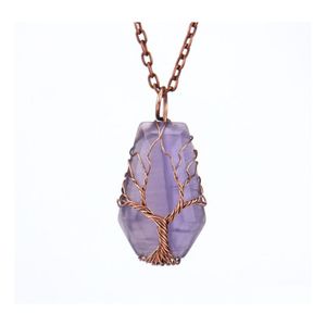 Colares pendentes Cristal de pedra natural Lucky Charms Tree of Life Wrap Wrap Amethyst Tiger Eye Rose Quartz J￳ias por atacado para Wom Dhpml