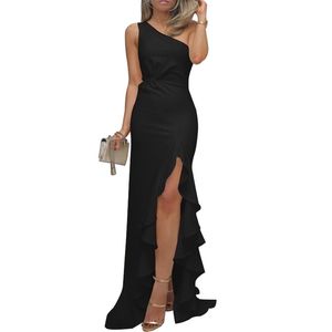 Women Party Wedding Guest Dresses Sleeveless One Shoulder Bodycon Slit Ruffle Sexy Evening Night Maxi Dress