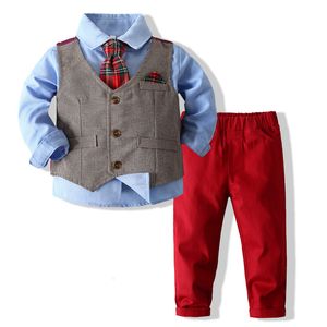 Suits Spring Autumn Baby Boy Gentleman Suit Blue Shirt with TiePlaide VestTrousers 3Pcs Formal Kids Clothes Set Wedding Party Dress 230216
