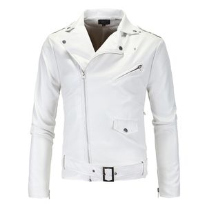 Men's Jackets Mens Leather Jackets White Black Casual Lapel Slim Fit Diagonal Zipper Motorcycle PU Leather Jacket Coat Mens Clothing 230215