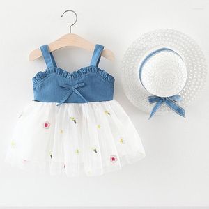 Flicka klänningar 2-stycken sommar små flickor kläder småbarn kläder ärmlös spetsnät denim baby prinsessan klänning sunhat född 2004-1