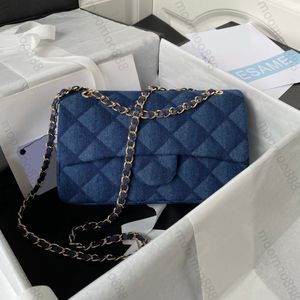 10A Bolsa clássica com aba de qualidade espelhada de nível superior 25 cm Bolsa feminina média de couro legítimo jeans azul acolchoada Pequena bolsa de luxo designer transversal com alça de ombro e corrente