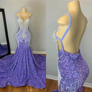 Sexy Lavendel-Meerjungfrau-Abschlussballkleider für schwarze Mädchen, Kristallrhinestone-Pailletten, offener Rücken, formelle Geburtstagsparty-Kleider nach Maß