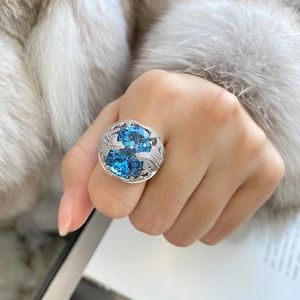 Cluster Rings Luxury Aquamarine Diamond Ring 925 Sterling Silver Party Wedding Band For Women Bridal Promise Engagement Jewelry Gift