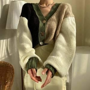 Jackets femininos 2023CHIC Autumn e Winter Stitching Contrast Sweater Miss Foll Short Lantern Sleeve Cardigan Knited Coat Women