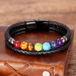 Charm armband chakra män armband 7 färg naturlig yoga läkande sten pärlor svart äkta läder hommes pulseras smycken gåvor 230215