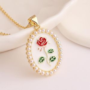 Pendant Necklaces White Enamel Rose Flower Neckalce For Women 18K Gold Plated Mrico Zircon Moon Mothers Day Jewerly Gift Collar