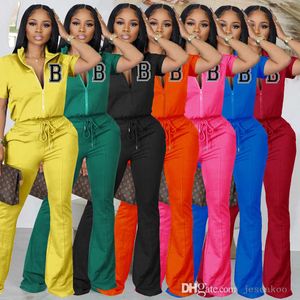 Spring Summer 4XL Designer Womens Tracksuits Two Piece Outfits Fashion Short Sleeve Zipper Jackets Top And Flared Pants Suit