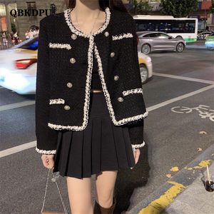 Kvinnors jackor vår vintage svart dubbel bröst tweed beskuren jacka kvinnor koreansk långärmad frans kappa elegant mode lösa ytterkläder 230216
