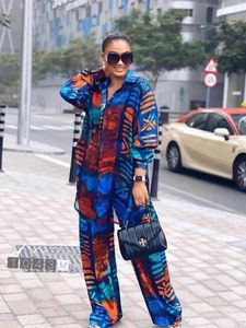 Womens Two Piece Pants Fashion Print 2 Piece Pants Sets Women Elegant Long Sleeve Blouses Wide Leg Pants Set Tracksuits Outfits Female Two Piece Suits 230216