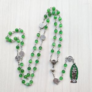 Hänge halsband qigo långa gröna opaler pärlor katolska radband halsband religiösa smycken för män kvinnor