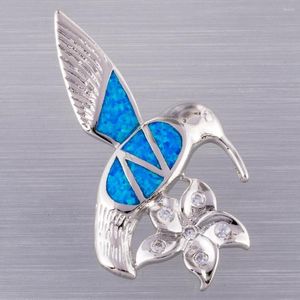 Anhänger-Halsketten KONGMOON Kolibri-Blume Ozeanblauer Feueropal versilberter Schmuck für Frauen Halskette