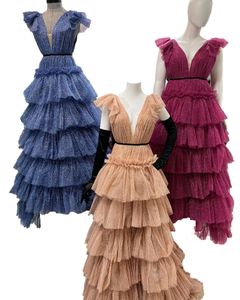 Shimmer Prom Dress with Sparkle Ruffles Drama Ballgown Lady Preteen Teen Girl Pageant Gown Formal Party Wedding Guest Red Capet Runway Navy Burgundy Deep V-Neck V-Back