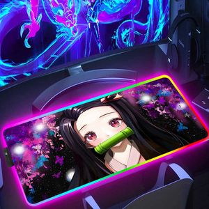 Mouse Pads Wrist Rests RGB Mouse Pad XXL Demon Slayer Gamer Keyboard Mousepad Anime Desk Mat PC Accessories Stora Gaming Extended LED -LED -möss T230215