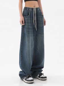 Jeans femininos mulheres americana vintage baggy jeans elástico cintura oversized calças longas denim calça perna larga streetwear reto básico diário 230215
