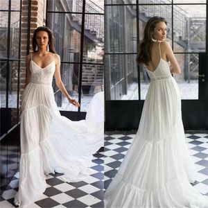 Bröllopsklänning 2023 Bohemiska klänningar Sexig spaghetti nack spetsar applicerade brudklänningar robe de mariee boho rygglöst land