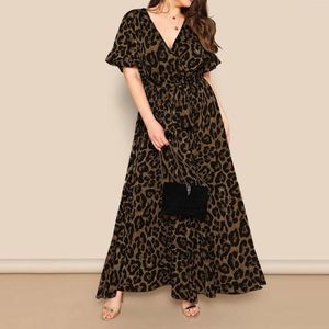 Casual Dresses Women Leopard Maxi Dress Wrap Deep V Neck Long Cute For Summer With Sleeves