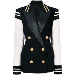 Womens Suits Blazers HIGH STREET Fashion Stylish Varsity Jacket Leather Sleeve Patchwork Lion Buttons 230216