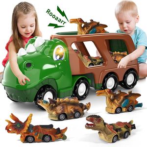 Trummor Percussion Kids Dinosaur Transport Truck Toy Dra tillbaka bilar med mekanisk röst Tyrannosaurus Rex Container Model Toys for Christma Gifts 230216