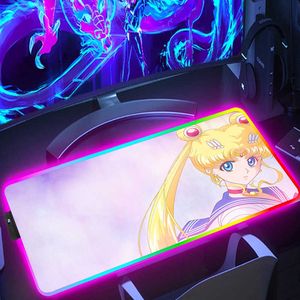 Mouse Pads Bilek Rgb Sailor Moon Moon Tesim Mouse Pad Backlight PC Aksesuarları Arkadan aydınlatmalı Mat Gamer Klavye Mousepad XXL Masa Koruyucusu Büyük Fareler T230215