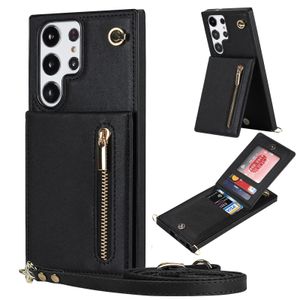 Samsung Galaxy S23 Ultra S22 S21 FE S20 Plus Note 20 Note10 Crossbod Lanyard Flip Stand電話カバー用の衝撃プルーフレザーカードスロットキックスタンドジッパーウォレットケース