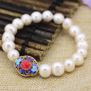 Strand Fashion White Natural Cultured Freshwater 10-11mm Pearl Beads Armband Cloisonne Accessories Smycken 7.5 tum B3082