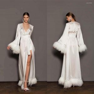 Bridesmaid Dress Sexy Bridal Feather Long-sleeve Bathrobe Women Lingerie Nightgown Pajamas Sleepwear Women's Gowns Housecoat Nightwear