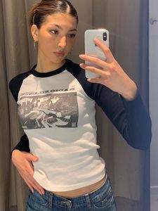 T-shirt da donna Vintage Rock Graphic T-shirt a maniche lunghe Donna Autunno Stampa T-shirt in cotone a costine Donna Retro Streetwear Slim Y2k Top 230215