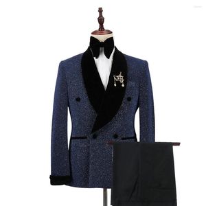 Мужские костюмы jeltoin afpect pant design 2023 блестящий темно -синий двойной грудь свадебный костюм жених homme Мариб Slim Fit Blazer