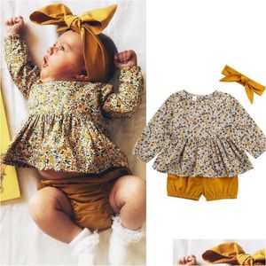 Clothing Sets Cute Born Baby Girl Outfits Clothes 3Pcs Long Sleeve Floral Tops Dress Shorts Headband Spring Fall 018Mclothing Drop D Dhrfn