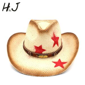 Cappelli a tesa larga Donna Uomo Cappello da cowboy occidentale in paglia con foglie punk Fascia Star Lady Papà Sombrero Hombre Cowgirl Jazz Caps Taglia 58CM