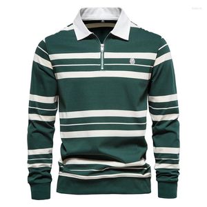 Herrpolos mäns långärmad poloskjorta för män randiga dragkedre skjortor Spring Autumn Brand Casual Mens Lapel Top Clothing