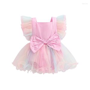 Girl Dresses Bmnmsl Born Girls Flying Sleeve Lace Romper Colorful Mesh Bowknot Decoration Square Neck Casual Dress Style Bodysuit
