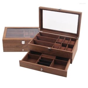 Watch Boxes 2-layers Box 6 3 Slots Wholesale Organizer Wooden Walnut Jewelry Glasses Case Earrings Ring Pendant Storage