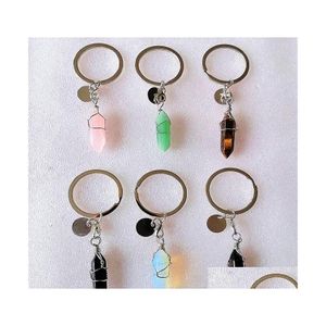 Keychains Lanyards Wire Wrap Hexagon Prism Reiki Healing Natural Stone Chakra Amethyst Pink Rose Crystal Key Rings Keyrings Women Dh0E7