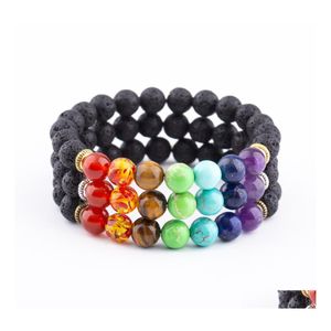 Beaded Strands 8Mm Lava Stone Reiki Seven Chakra Beaded Strand Bracelet Diy Aromatherapy Essential Oil Diffuser Bracelets For Women Dh0Yg