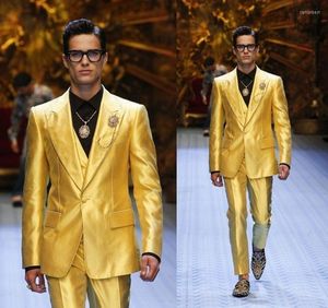 Men's Suits The Fashion Business Shiny Yellow Groom Tuxedos Wedding Prom Party Dinner Holiday Men Suits(Jacket Pants Vest)