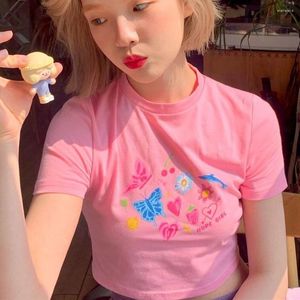Women's T Shirts Ins Retro Lovely Cartoon Butterfly Cute Graphic Pink Crop Tops Sweet Girl Summer Skinny Sexy Streetwear Korean Trend