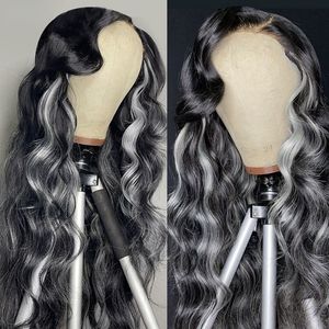 Graue Highlight-Perücke, Echthaar, 13 x 4, gewellt, Lace-Front-Perücke, platinblonde Highlights, gemischte farbige synthetische Perücke für Frauen