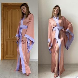 Brudtärna klänning ett stycke kvinnor sömnkläder kontrast färg brudrockar kimono mantel satin nattklänning med skärm