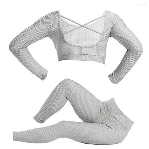 Active Sets Women Textured Yoga Set Workout Sportswear Gym Clothing Fitness Long Sleeve Crop Top High Waist Leggings Sports Bra Suits