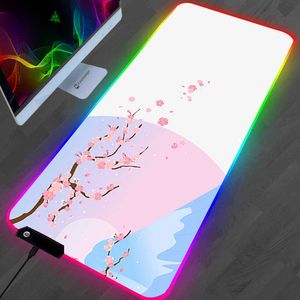 Muskuddar handled vilar RGB Cherry Blossom Mouse Pad Pink Flower Large Computer Tangentboard Laptop Gaming Accessories Desk Mat Sakura Mattor CS GO MOUSEPAD T230215