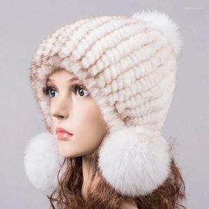 Mützen Natürliche Hut Für Winter Frauen Gestrickte Earflap Pelz Hüte Herbst Warme Pom Beige Blau Rosa 10 Farben H919