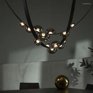Pendelleuchten Moderne LED-Kronleuchter-Licht Kreative 3m Schwarzes Leder Hängende Villa Esszimmer Bar Klare / Graue Glasbefestigung Hängelampe