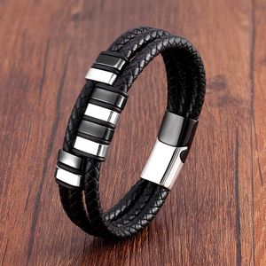 Charm Bracelets Stainless Steel Multilayer Leather Rope Chain Bangles Vintage Men Jewelry Wholesale 230215